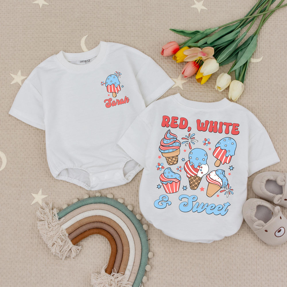 Custom Name Red White and Sweet Baby Romper with Ice Cream Design, Patriotic 4th of July Infant Outfit, Soft Summer Cotton Babysuit Gift