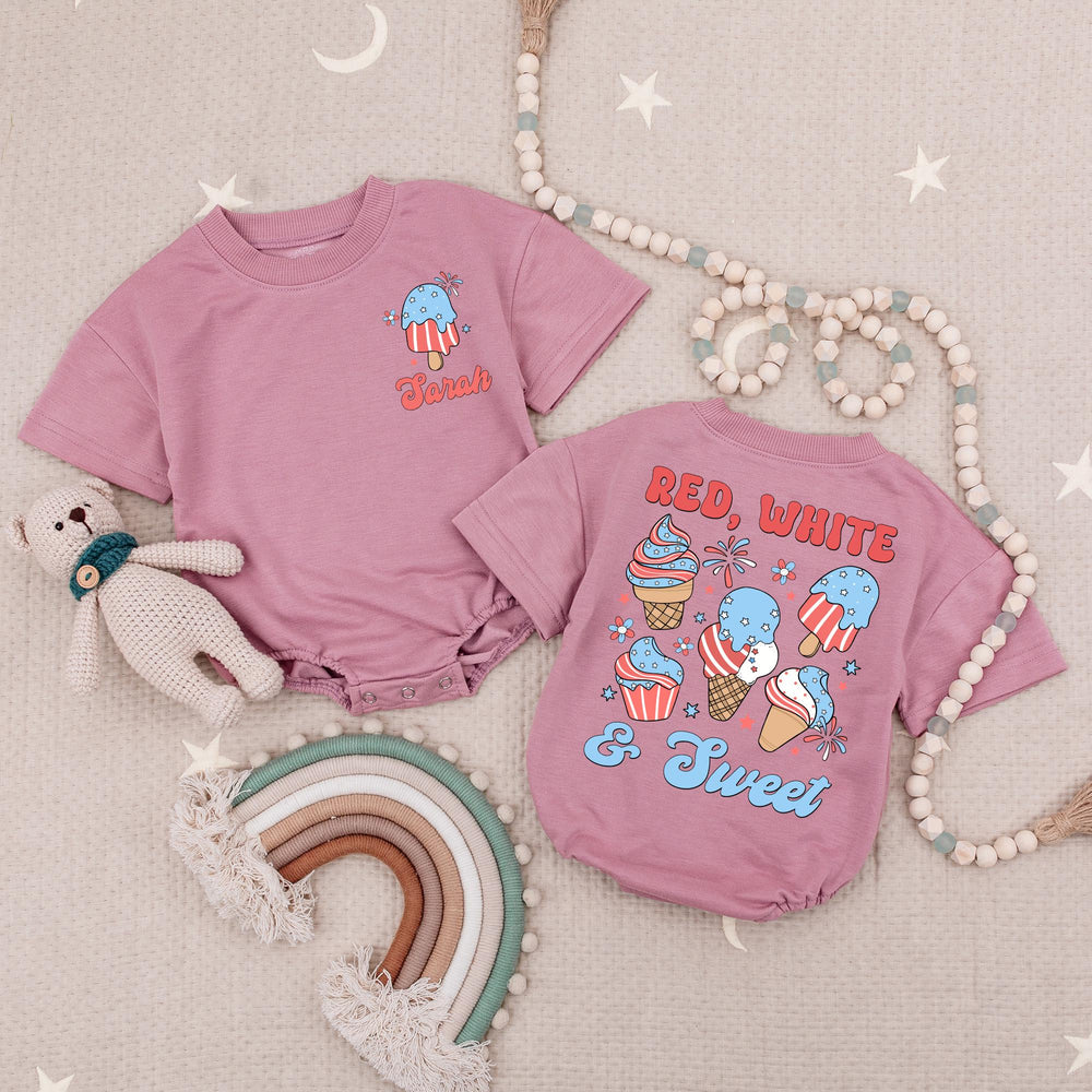 Custom Name Red White and Sweet Baby Romper with Ice Cream Design, Patriotic 4th of July Infant Outfit, Soft Summer Cotton Babysuit Gift