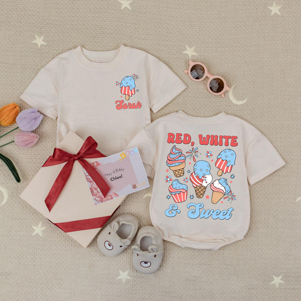 Custom Name Red White and Sweet Baby Romper with Ice Cream Design, Patriotic 4th of July Infant Outfit, Soft Summer Cotton Babysuit Gift