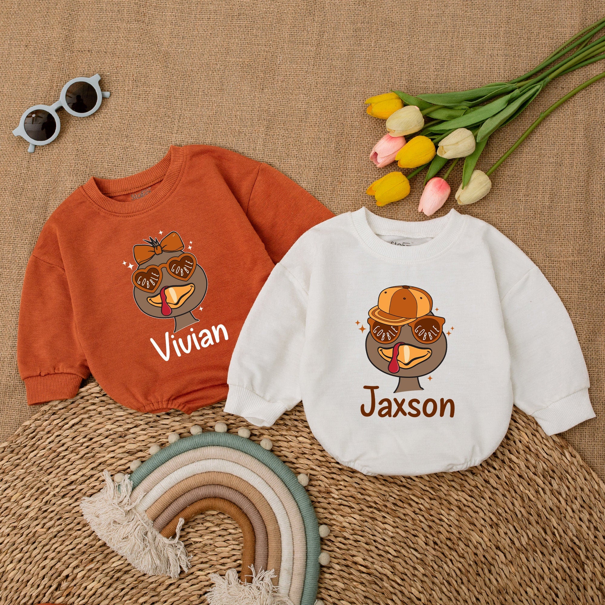 Custom Name Thanksgiving Baby Romper Fun Turkey Design Infant Fall Outfit Perfect Baby Shower Gift Cotton Gobble Bodysuit Warm Colors