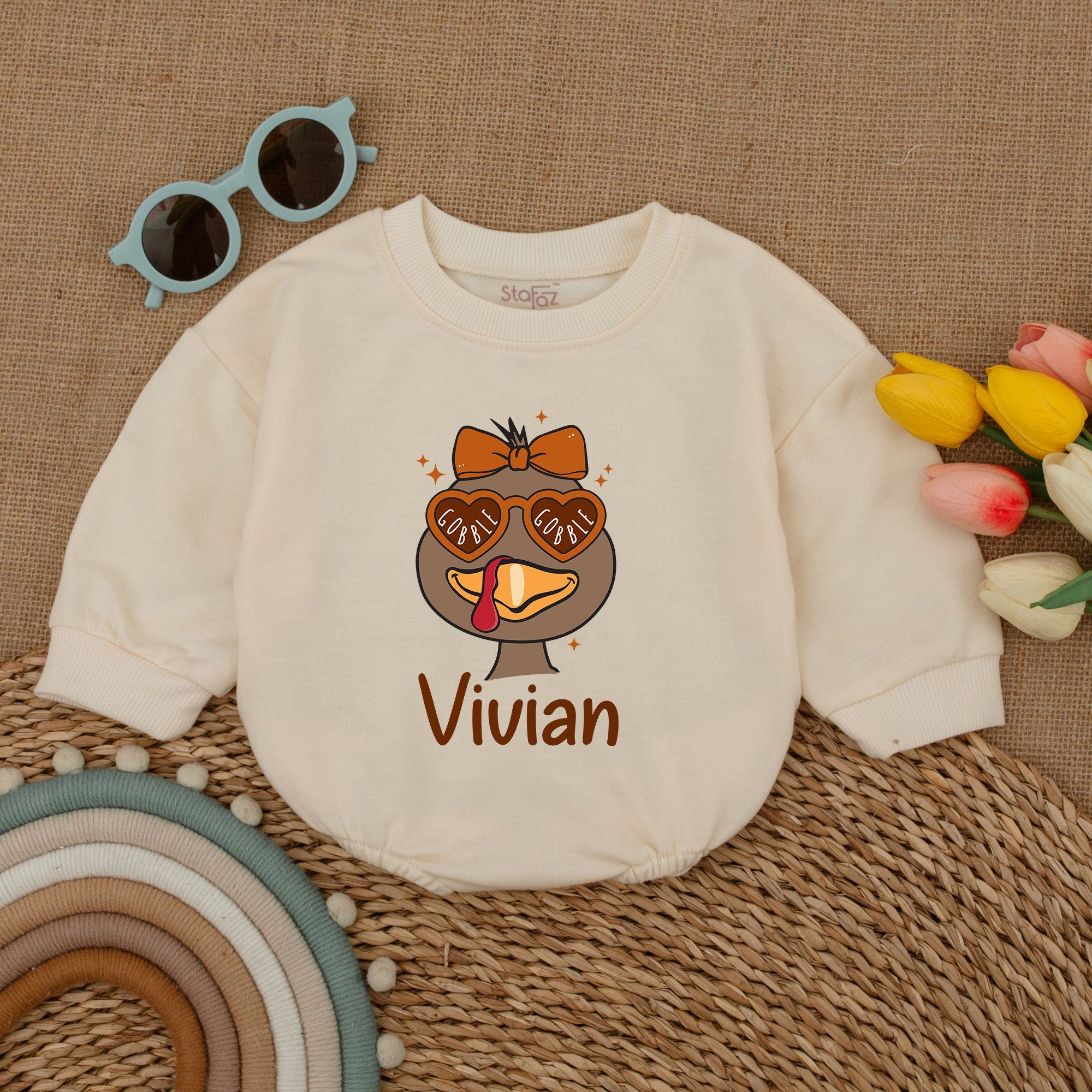 Custom Name Thanksgiving Baby Romper Fun Turkey Design Infant Fall Outfit Perfect Baby Shower Gift Cotton Gobble Bodysuit Warm Colors
