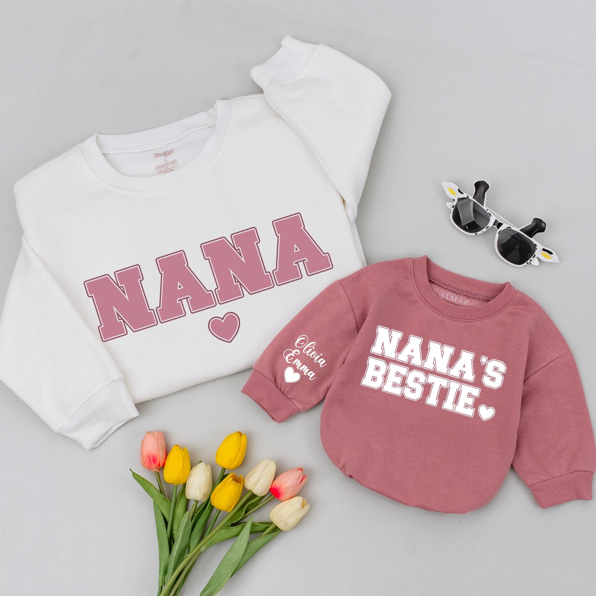 Custom Nana Sweatshirt & Baby Romper Set, Nana's Bestie Matching Outfit, Soft Cotton Long Sleeve for Grandma & Toddler, Perfect Gift