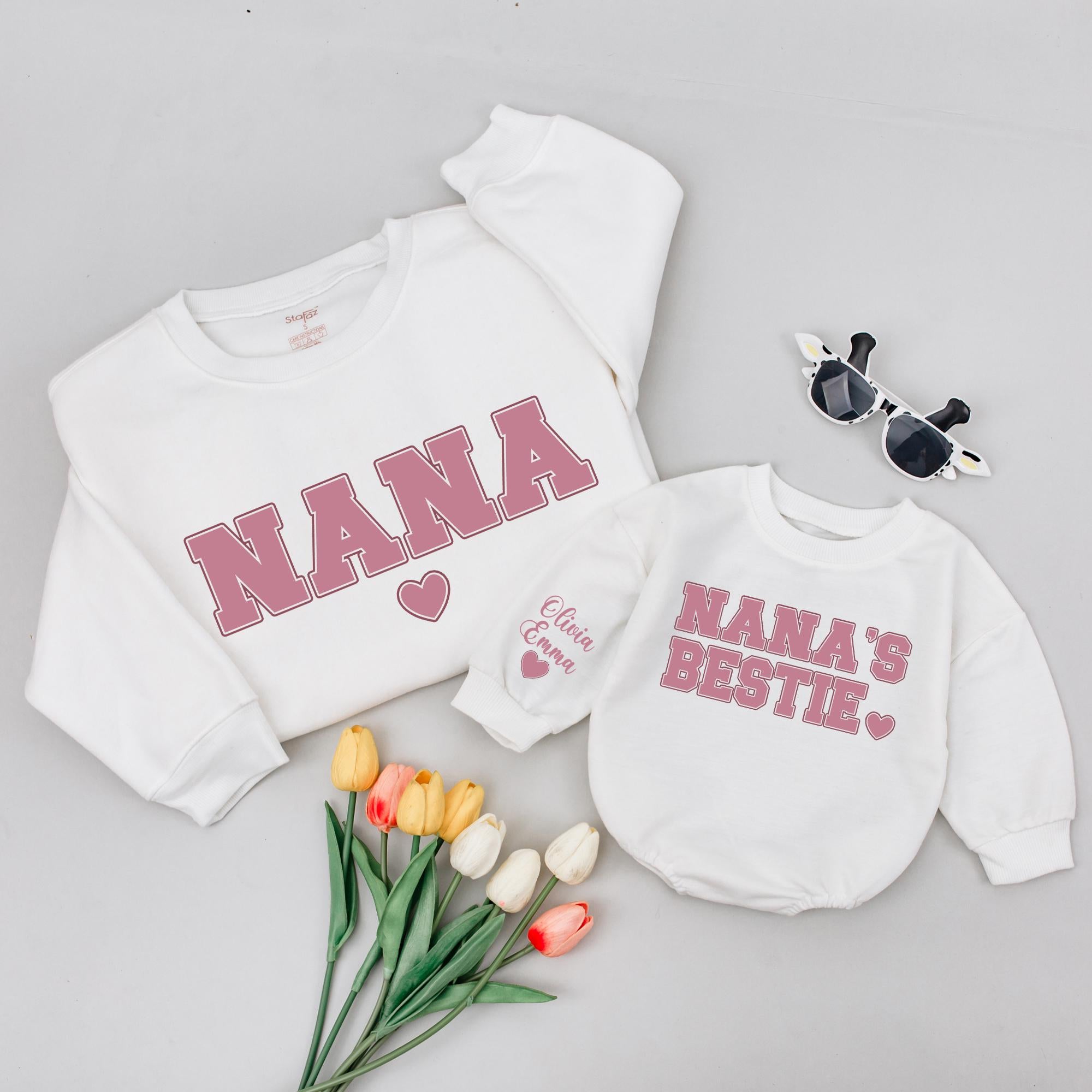 Custom Nana Sweatshirt & Baby Romper Set, Nana's Bestie Matching Outfit, Soft Cotton Long Sleeve for Grandma & Toddler, Perfect Gift