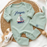 Custom Nautical Baby Boy Outfit with Sailboat Design, Personalized Name Bodysuit and Hat Set, Soft Cotton Newborn Coming Home Clothes