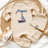 Custom Nautical Baby Boy Outfit with Sailboat Design, Personalized Name Bodysuit and Hat Set, Soft Cotton Newborn Coming Home Clothes