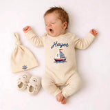 Custom Nautical Baby Boy Outfit with Sailboat Design, Personalized Name Bodysuit and Hat Set, Soft Cotton Newborn Coming Home Clothes