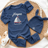 Custom Nautical Baby Boy Outfit with Sailboat Design, Personalized Name Bodysuit and Hat Set, Soft Cotton Newborn Coming Home Clothes