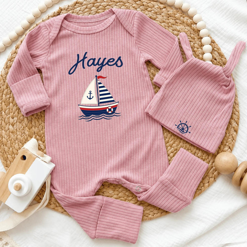 Custom Nautical Baby Boy Outfit with Sailboat Design, Personalized Name Bodysuit and Hat Set, Soft Cotton Newborn Coming Home Clothes