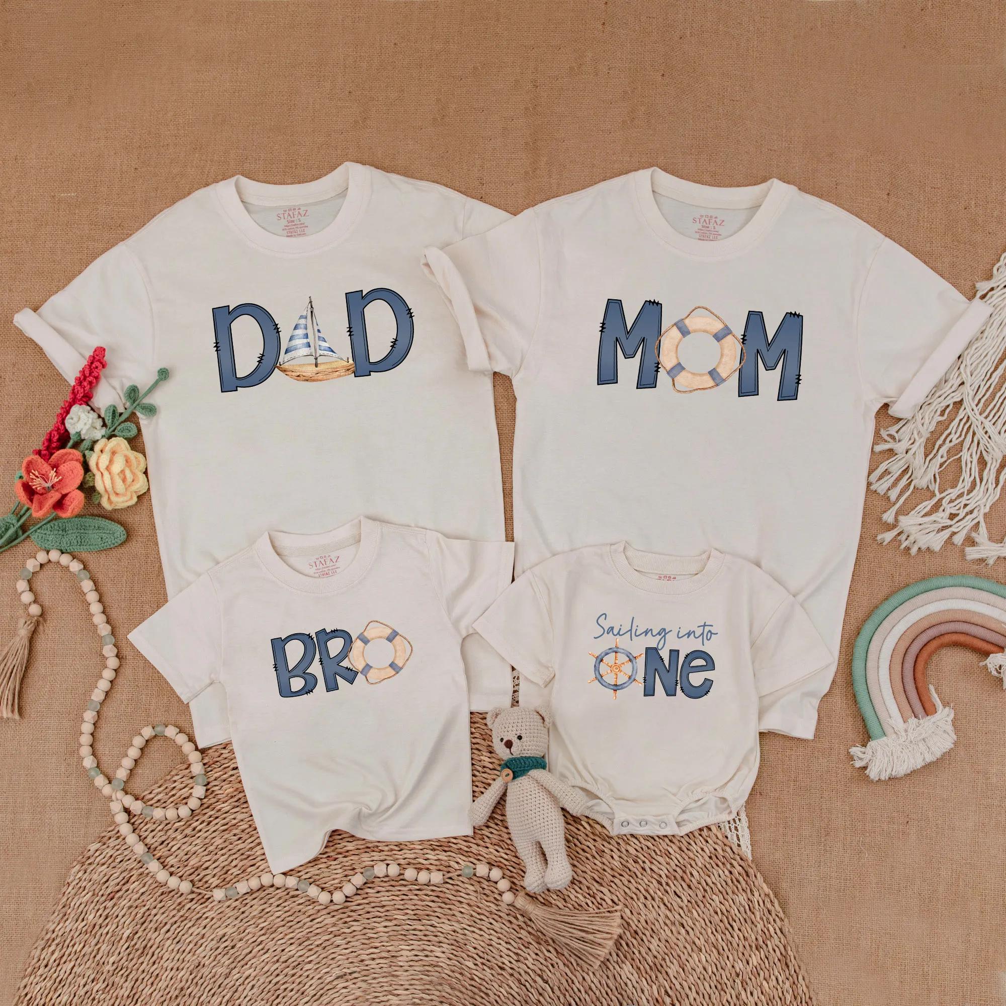 Custom Nautical Matching Family Shirts for Birthday Mom Dad Bro Sailing Theme Romper for Baby's First Year Celebration Gift