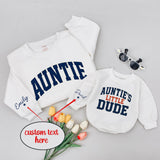 Custom Navy Varsity Auntie & Little Dude Baby Romper, Kids Tee, Adult Soft Cotton Matching Set with Custom Wrist Name for Spring Gifts