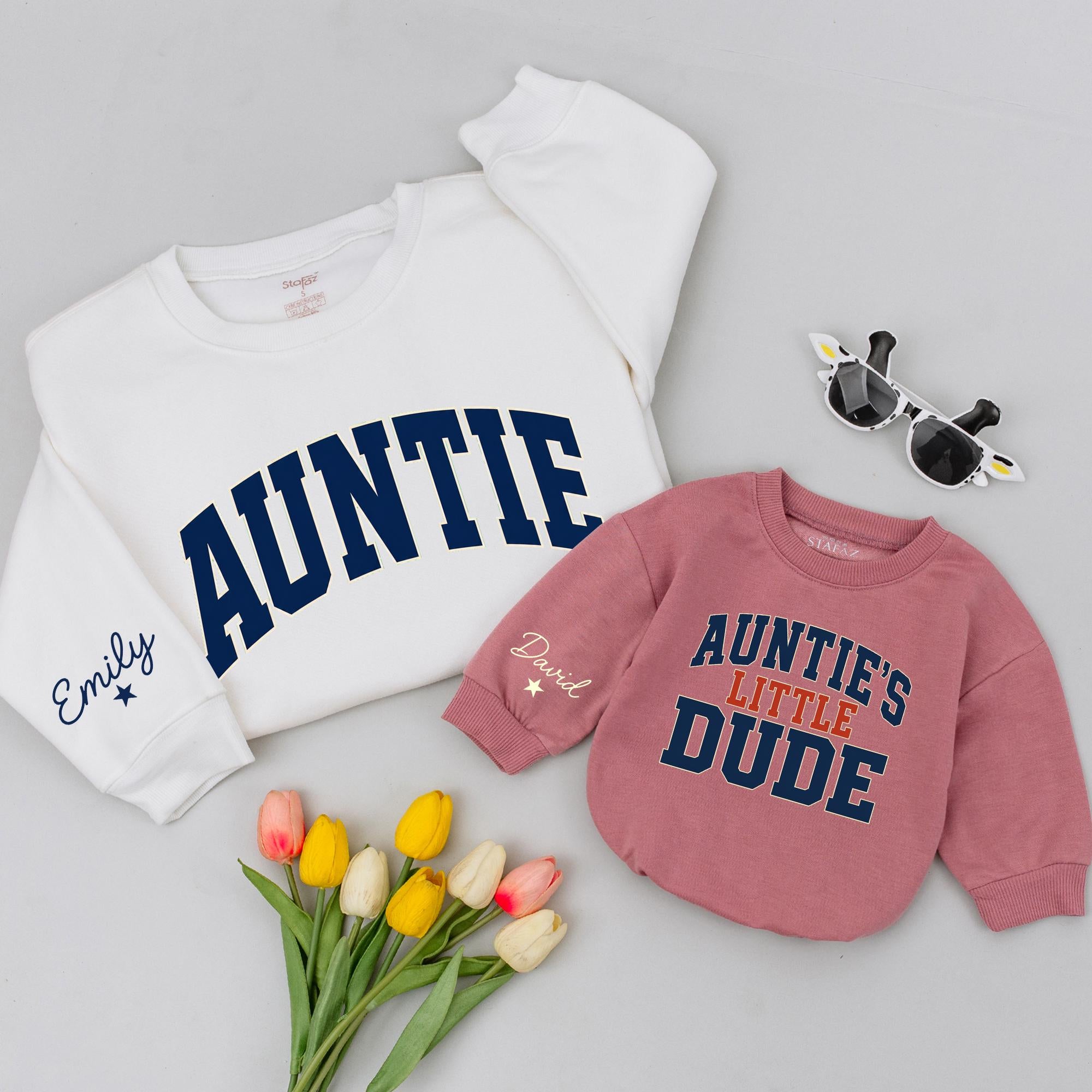 Custom Navy Varsity Auntie & Little Dude Baby Romper, Kids Tee, Adult Soft Cotton Matching Set with Custom Wrist Name for Spring Gifts