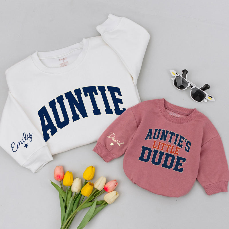 Custom Navy Varsity Auntie & Little Dude Baby Romper, Kids Tee, Adult Soft Cotton Matching Set with Custom Wrist Name for Spring Gifts
