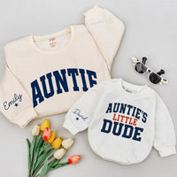 Custom Navy Varsity Auntie & Little Dude Baby Romper, Kids Tee, Adult Soft Cotton Matching Set with Custom Wrist Name for Spring Gifts