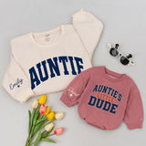 Custom Navy Varsity Auntie & Little Dude Baby Romper, Kids Tee, Adult Soft Cotton Matching Set with Custom Wrist Name for Spring Gifts