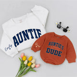Custom Navy Varsity Auntie & Little Dude Baby Romper, Kids Tee, Adult Soft Cotton Matching Set with Custom Wrist Name for Spring Gifts