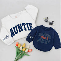Custom Navy Varsity Auntie & Little Dude Baby Romper, Kids Tee, Adult Soft Cotton Matching Set with Custom Wrist Name for Spring Gifts