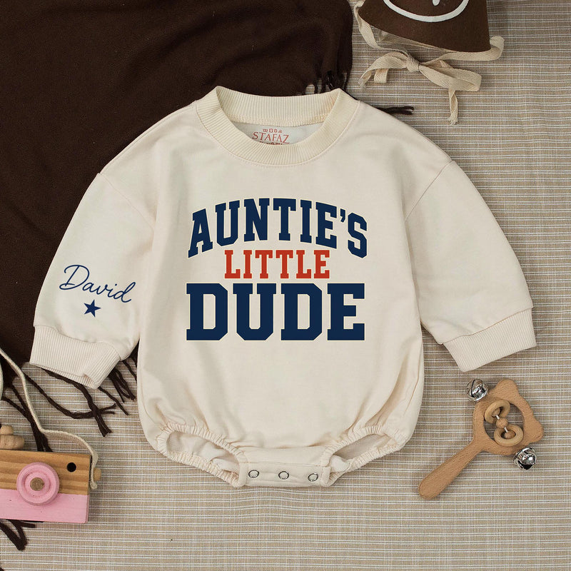 Custom Navy Varsity Auntie & Little Dude Baby Romper, Kids Tee, Adult Soft Cotton Matching Set with Custom Wrist Name for Spring Gifts
