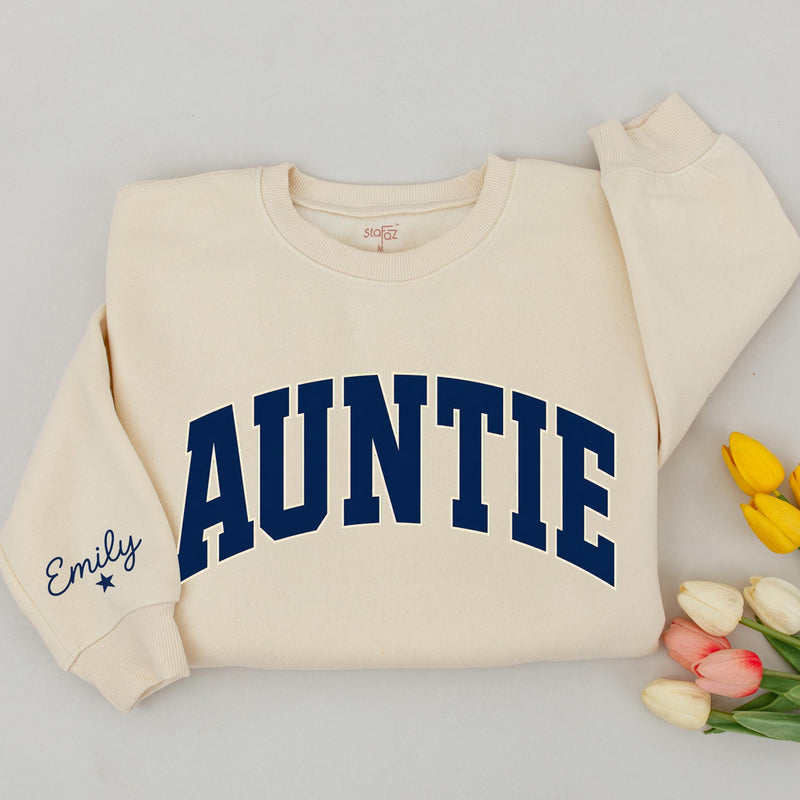 Custom Navy Varsity Auntie & Little Dude Baby Romper, Kids Tee, Adult Soft Cotton Matching Set with Custom Wrist Name for Spring Gifts