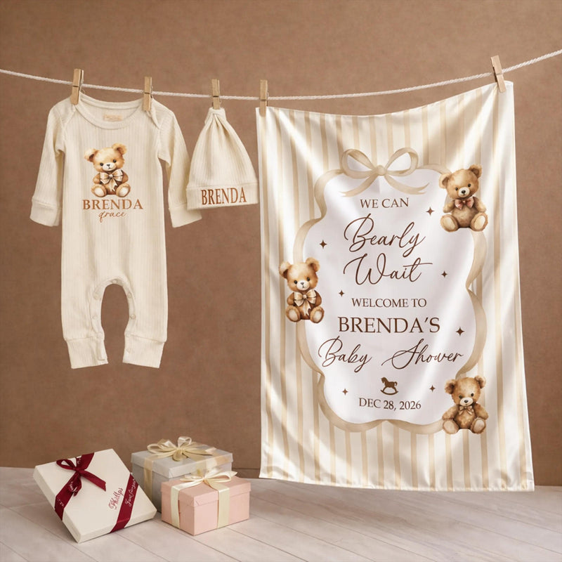 Custom Neutral Bear Baby Shower Silk Welcome Sign and Bodysuit Set with Watercolor Teddy Bear Illustration Personalization Options
