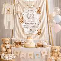 Custom Neutral Bear Baby Shower Silk Welcome Sign and Bodysuit Set with Watercolor Teddy Bear Illustration Personalization Options