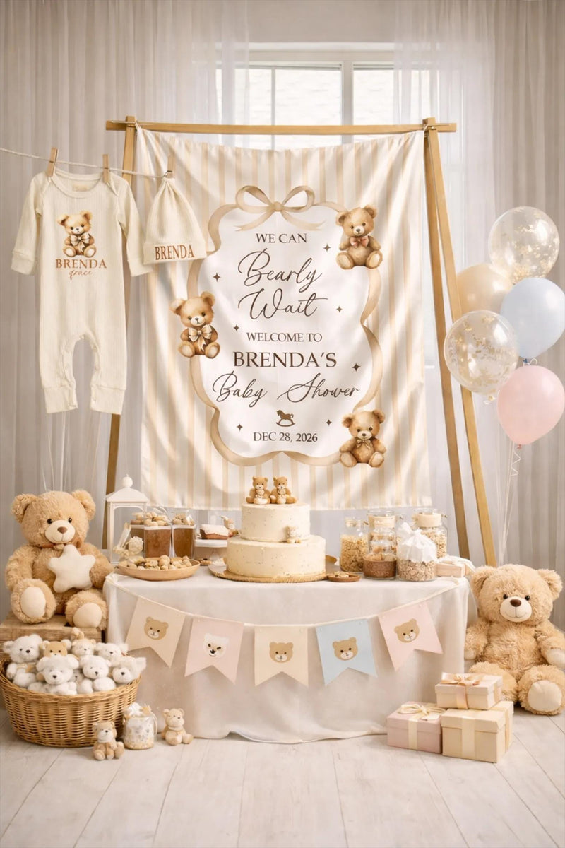 Custom Neutral Bear Baby Shower Silk Welcome Sign and Bodysuit Set with Watercolor Teddy Bear Illustration Personalization Options