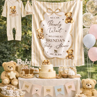 Custom Neutral Bear Baby Shower Silk Welcome Sign and Bodysuit Set with Watercolor Teddy Bear Illustration Personalization Options