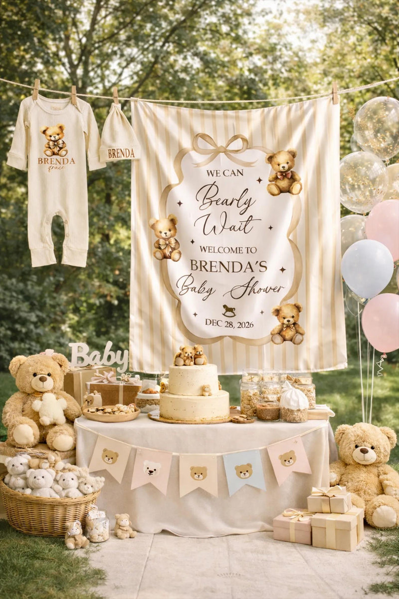 Custom Neutral Bear Baby Shower Silk Welcome Sign and Bodysuit Set with Watercolor Teddy Bear Illustration Personalization Options