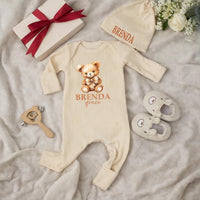 Custom Neutral Bear Baby Shower Silk Welcome Sign and Bodysuit Set with Watercolor Teddy Bear Illustration Personalization Options