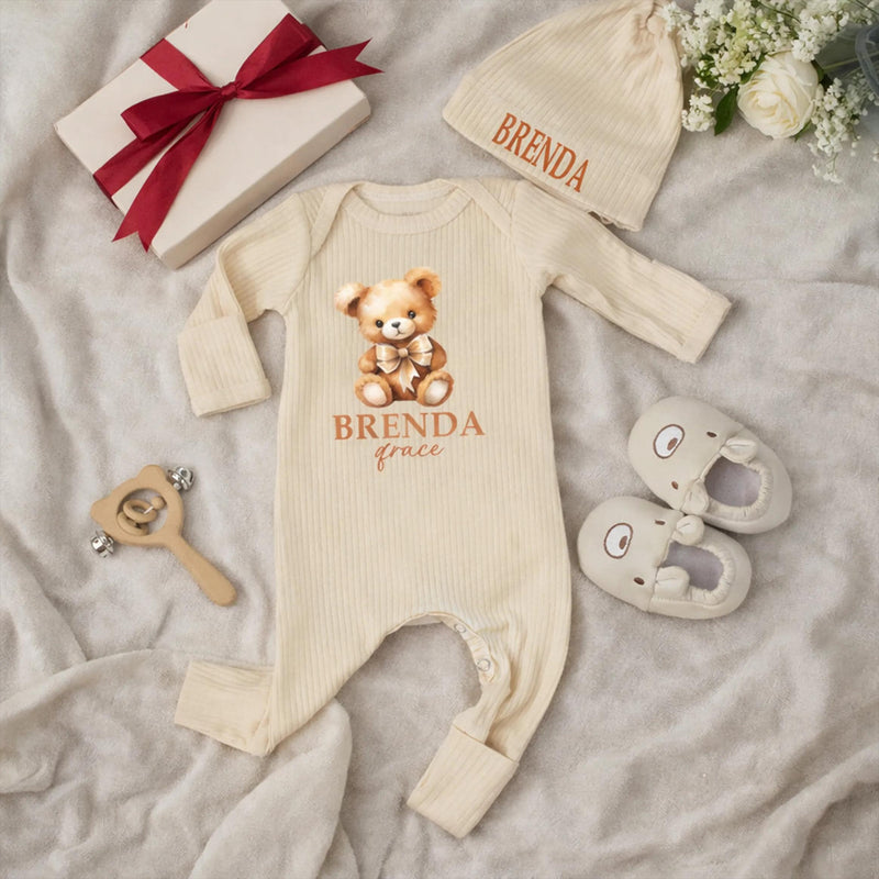 Custom Neutral Bear Baby Shower Silk Welcome Sign and Bodysuit Set with Watercolor Teddy Bear Illustration Personalization Options