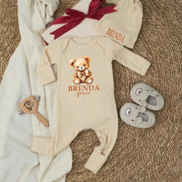 Custom Neutral Bear Baby Shower Silk Welcome Sign and Bodysuit Set with Watercolor Teddy Bear Illustration Personalization Options