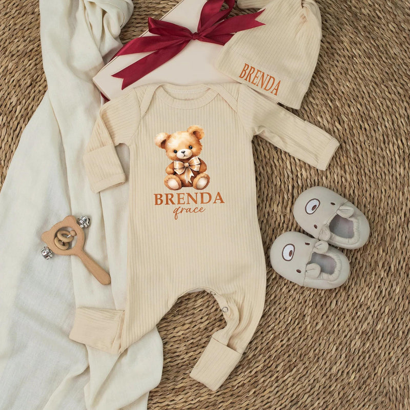 Custom Neutral Bear Baby Shower Silk Welcome Sign and Bodysuit Set with Watercolor Teddy Bear Illustration Personalization Options
