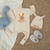 Custom Neutral Bear Baby Shower Silk Welcome Sign and Bodysuit Set with Watercolor Teddy Bear Illustration Personalization Options