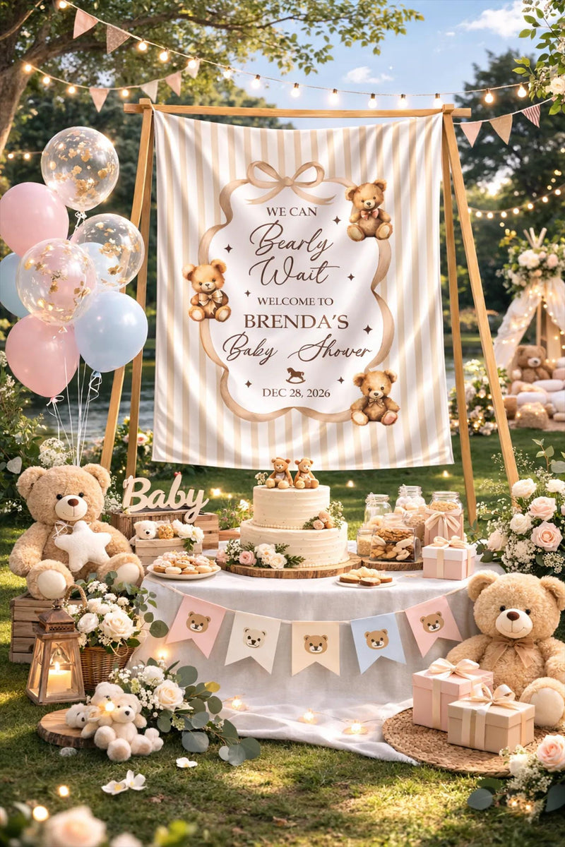 Custom Neutral Bear Baby Shower Silk Welcome Sign and Bodysuit Set with Watercolor Teddy Bear Illustration Personalization Options