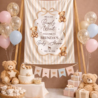 Custom Neutral Bear Baby Shower Silk Welcome Sign and Bodysuit Set with Watercolor Teddy Bear Illustration Personalization Options