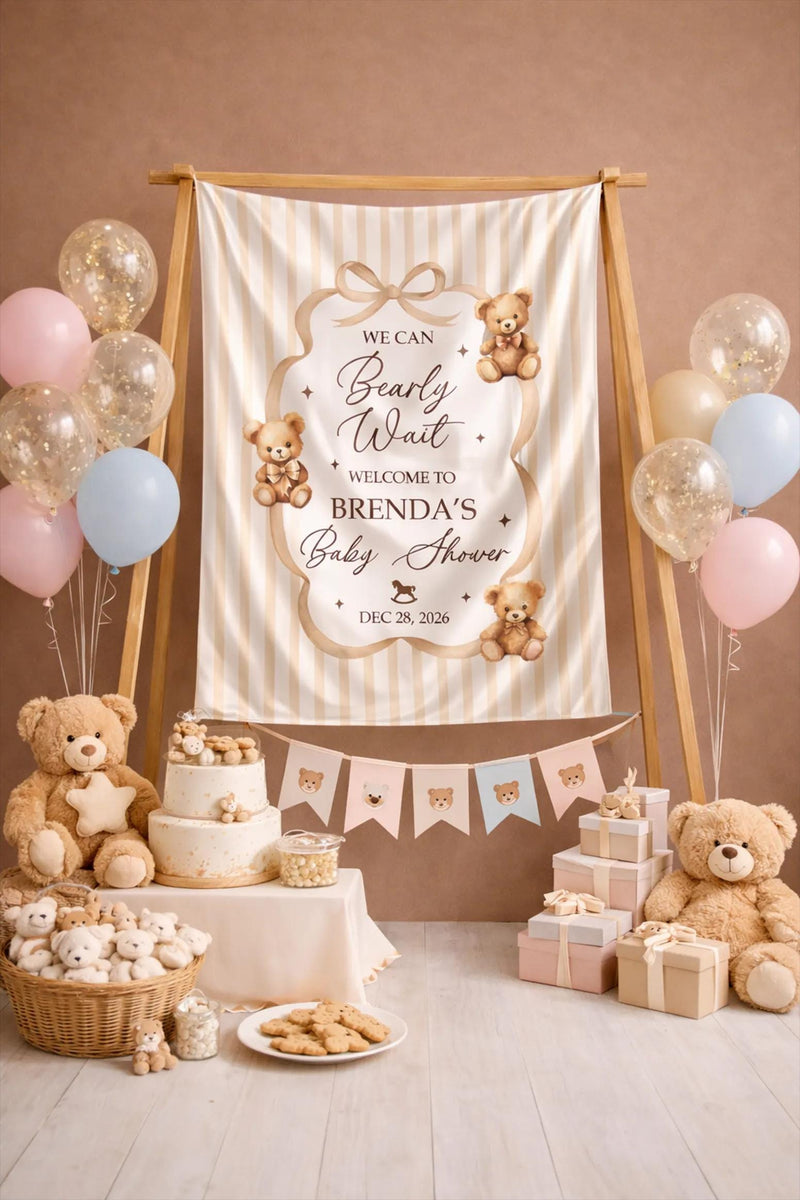 Custom Neutral Bear Baby Shower Silk Welcome Sign and Bodysuit Set with Watercolor Teddy Bear Illustration Personalization Options