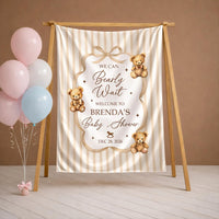 Custom Neutral Bear Baby Shower Silk Welcome Sign and Bodysuit Set with Watercolor Teddy Bear Illustration Personalization Options