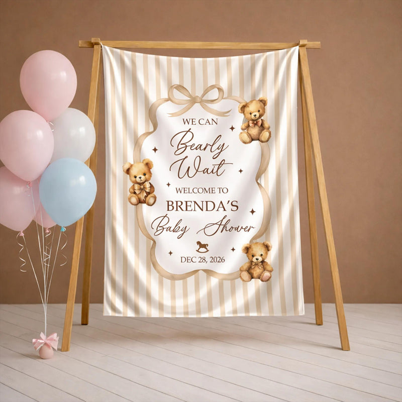 Custom Neutral Bear Baby Shower Silk Welcome Sign and Bodysuit Set with Watercolor Teddy Bear Illustration Personalization Options
