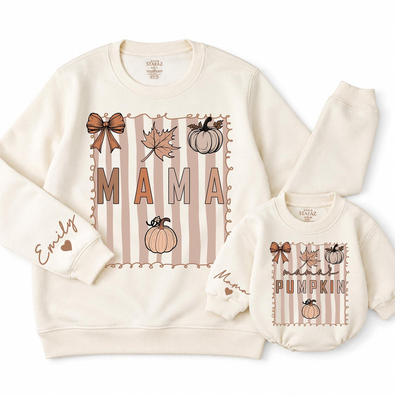 Custom Neutral Fall Sweatshirt & Romper with Mama & Pumpkin Design, Cozy Cotton Mommy & Me Matching Outfit for Babies, Kids & Adults