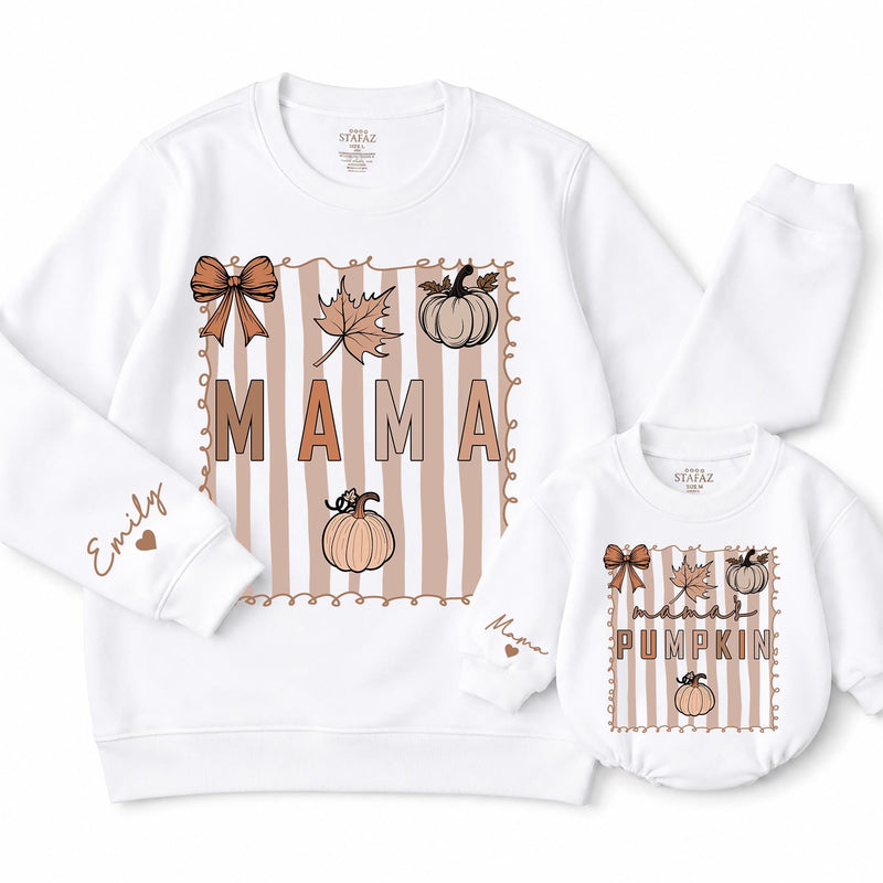 Custom Neutral Fall Sweatshirt & Romper with Mama & Pumpkin Design, Cozy Cotton Mommy & Me Matching Outfit for Babies, Kids & Adults