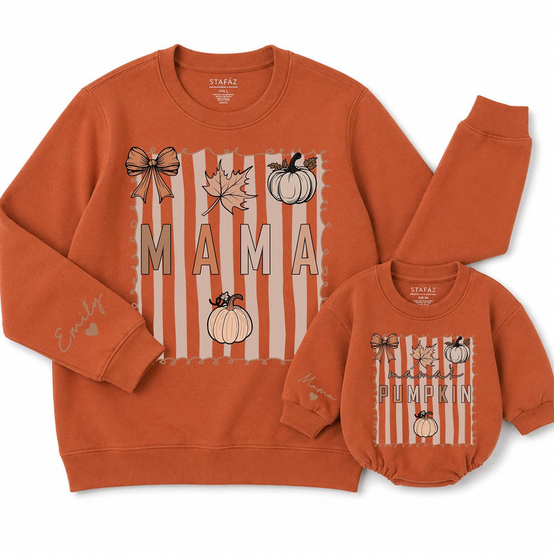 Custom Neutral Fall Sweatshirt & Romper with Mama & Pumpkin Design, Cozy Cotton Mommy & Me Matching Outfit for Babies, Kids & Adults