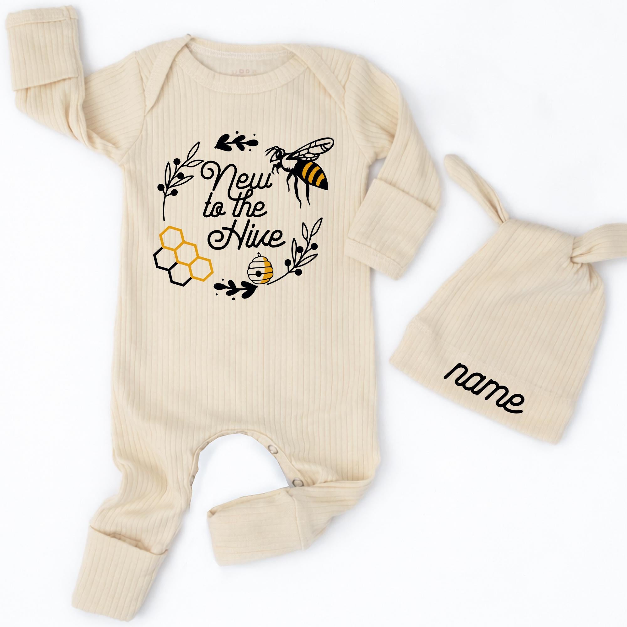 Custom New to the Hive Baby Bodysuit with Bee Design, Soft Cotton Newborn Outfit, Baby Shower Gift, Personalized Coming Home Set