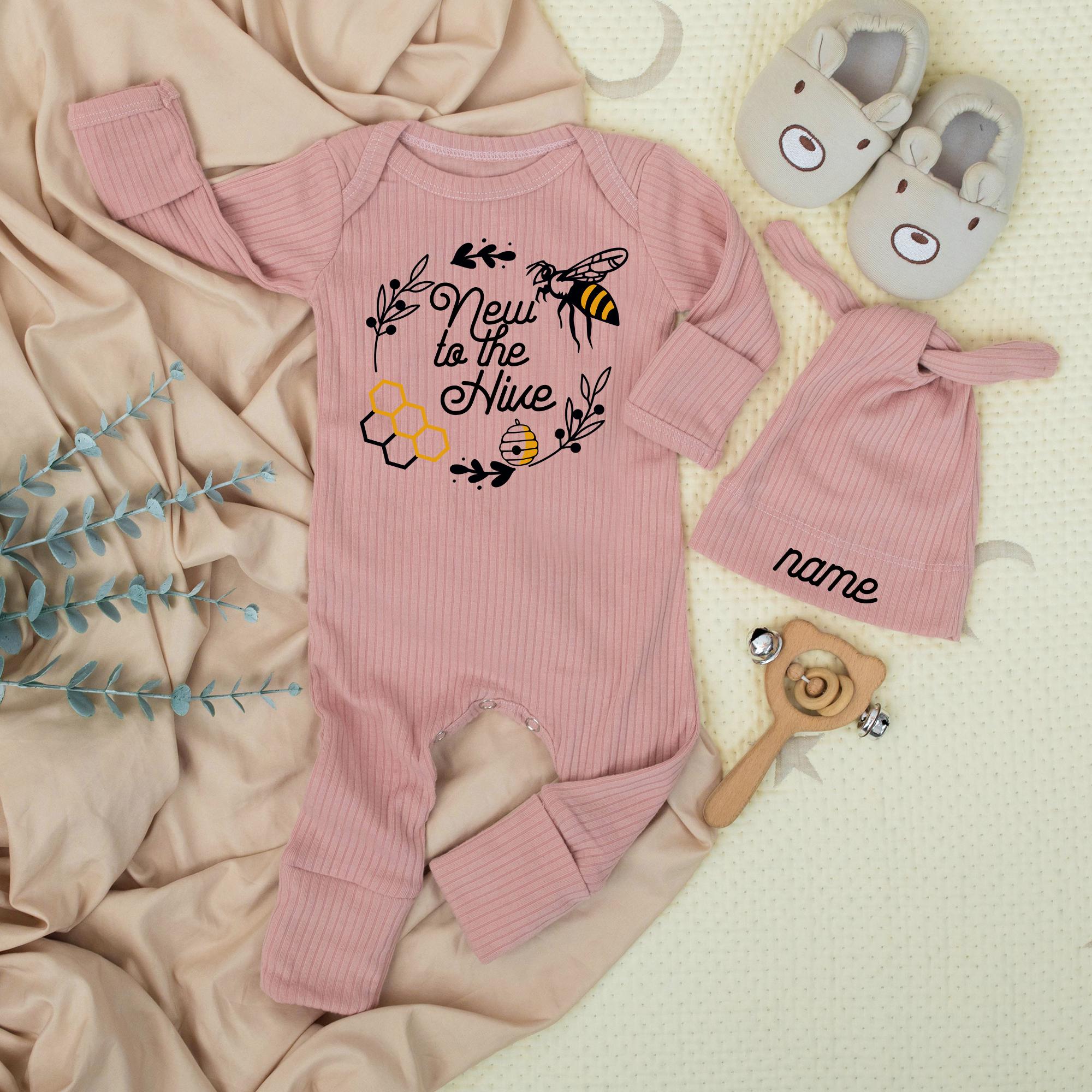 Custom New to the Hive Baby Bodysuit with Bee Design, Soft Cotton Newborn Outfit, Baby Shower Gift, Personalized Coming Home Set