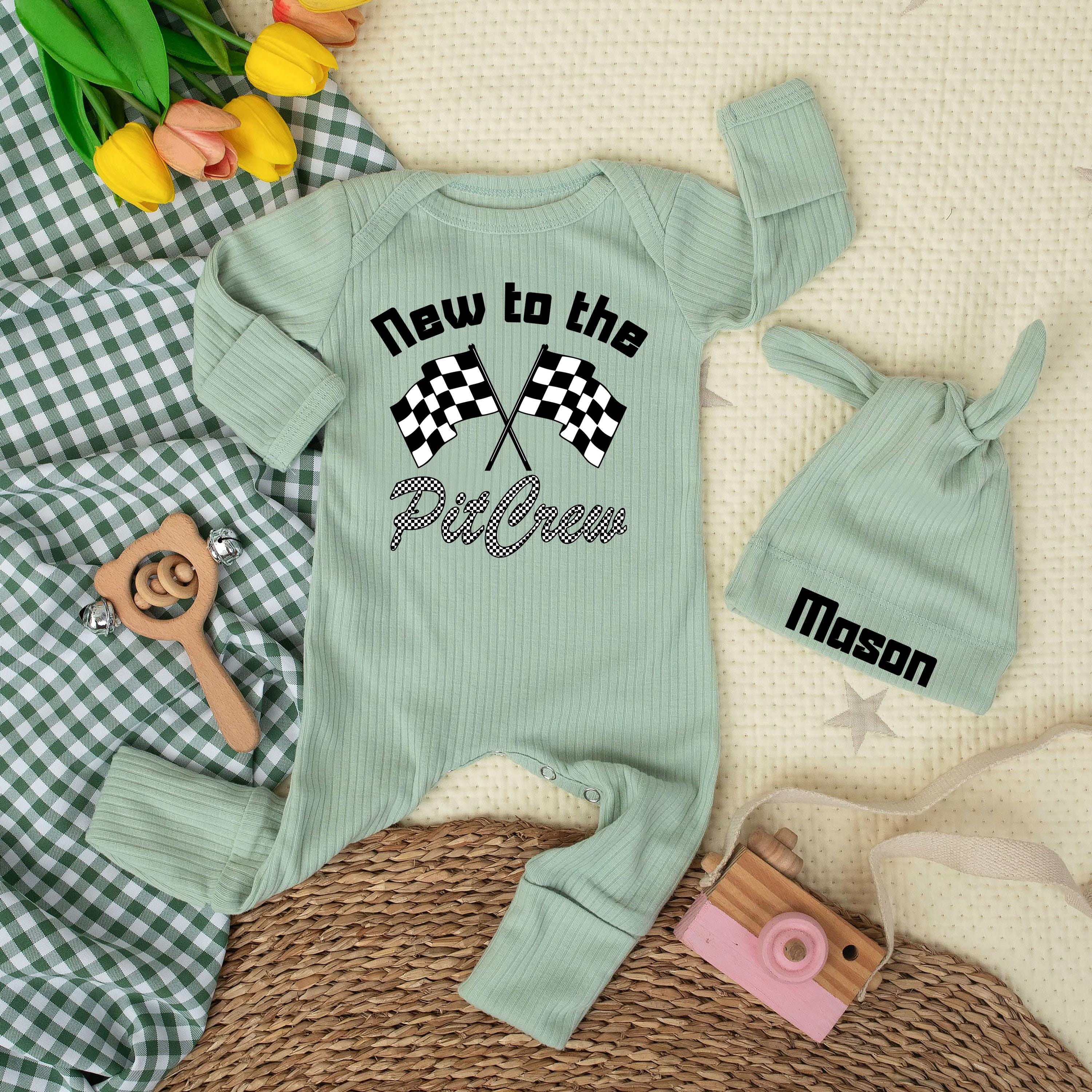 Custom New to the Pit Crew Baby Bodysuit with Checkered Flags Racing Theme Infant Outfit Father's Day Gift Baby Shower Keepsake