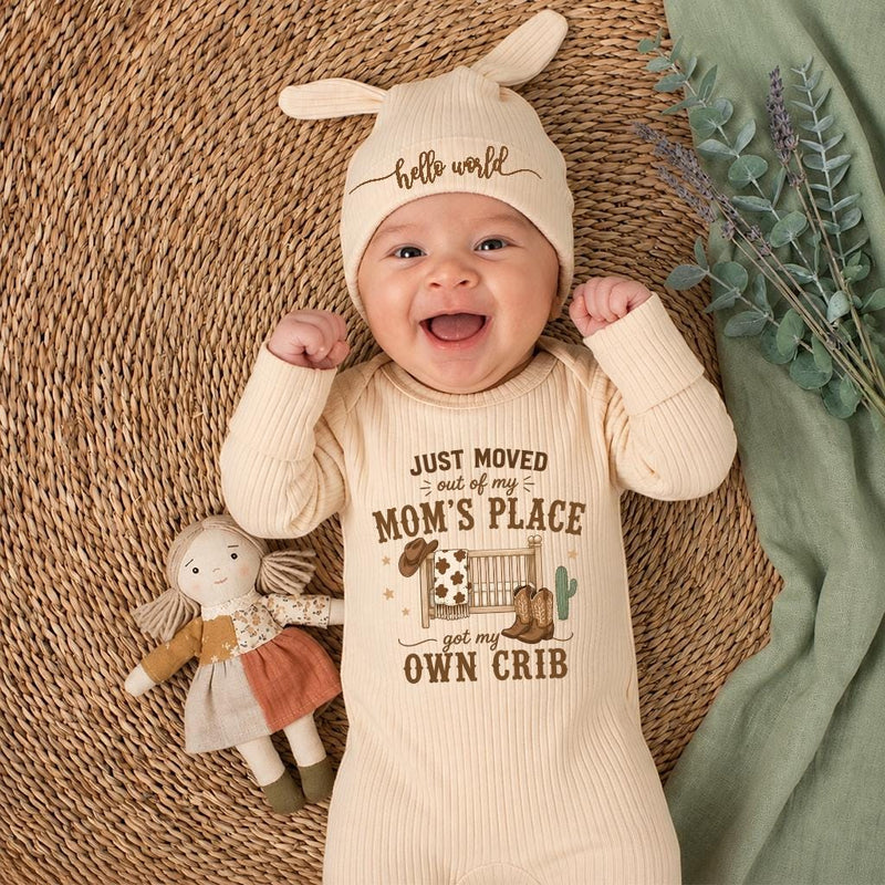 Custom Newborn Baby Bodysuit with 'Just Moved Out of Mom's Place' Quote, Soft Cotton Outfit, Funny Baby Shower Gift, Infant Keepsake