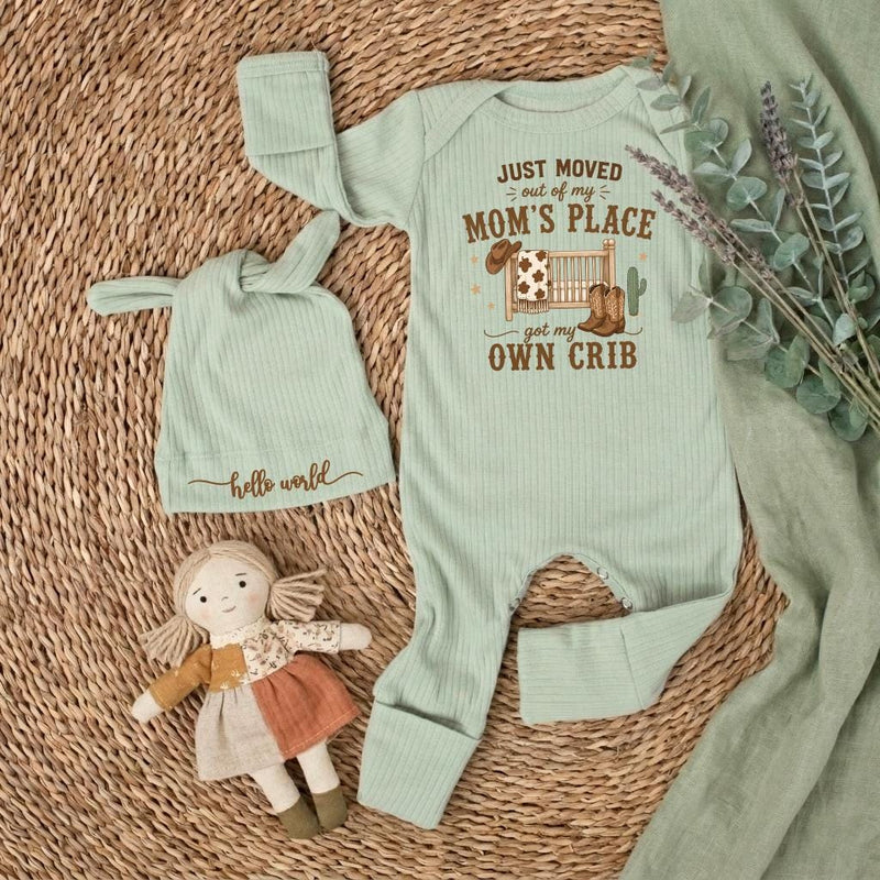 Custom Newborn Baby Bodysuit with 'Just Moved Out of Mom's Place' Quote, Soft Cotton Outfit, Funny Baby Shower Gift, Infant Keepsake