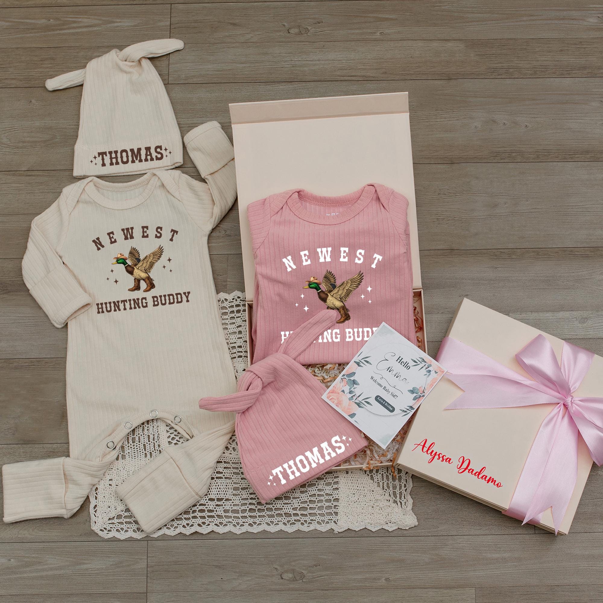 Custom Newborn Hunting Buddy Outfit with Duck Graphic, Personalized Baby Hat, Soft Cotton Coming Home Set for Boys or Girls