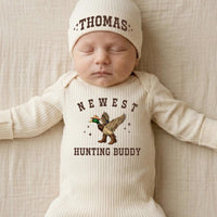 Custom Newborn Hunting Buddy Outfit with Duck Graphic, Personalized Baby Hat, Soft Cotton Coming Home Set for Boys or Girls