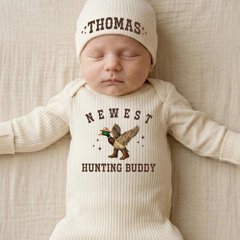 Custom Newborn Hunting Buddy Outfit with Duck Graphic, Personalized Baby Hat, Soft Cotton Coming Home Set for Boys or Girls