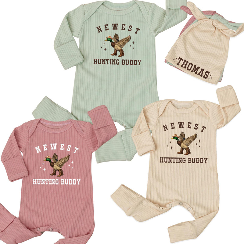 Custom Newborn Hunting Buddy Outfit with Duck Graphic, Personalized Baby Hat, Soft Cotton Coming Home Set for Boys or Girls