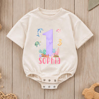 Custom Ocean-Themed Baby Romper with Sea Animals, Soft Cotton Short Sleeve Outfit for Girls, First Birthday Party or Milestone Photos